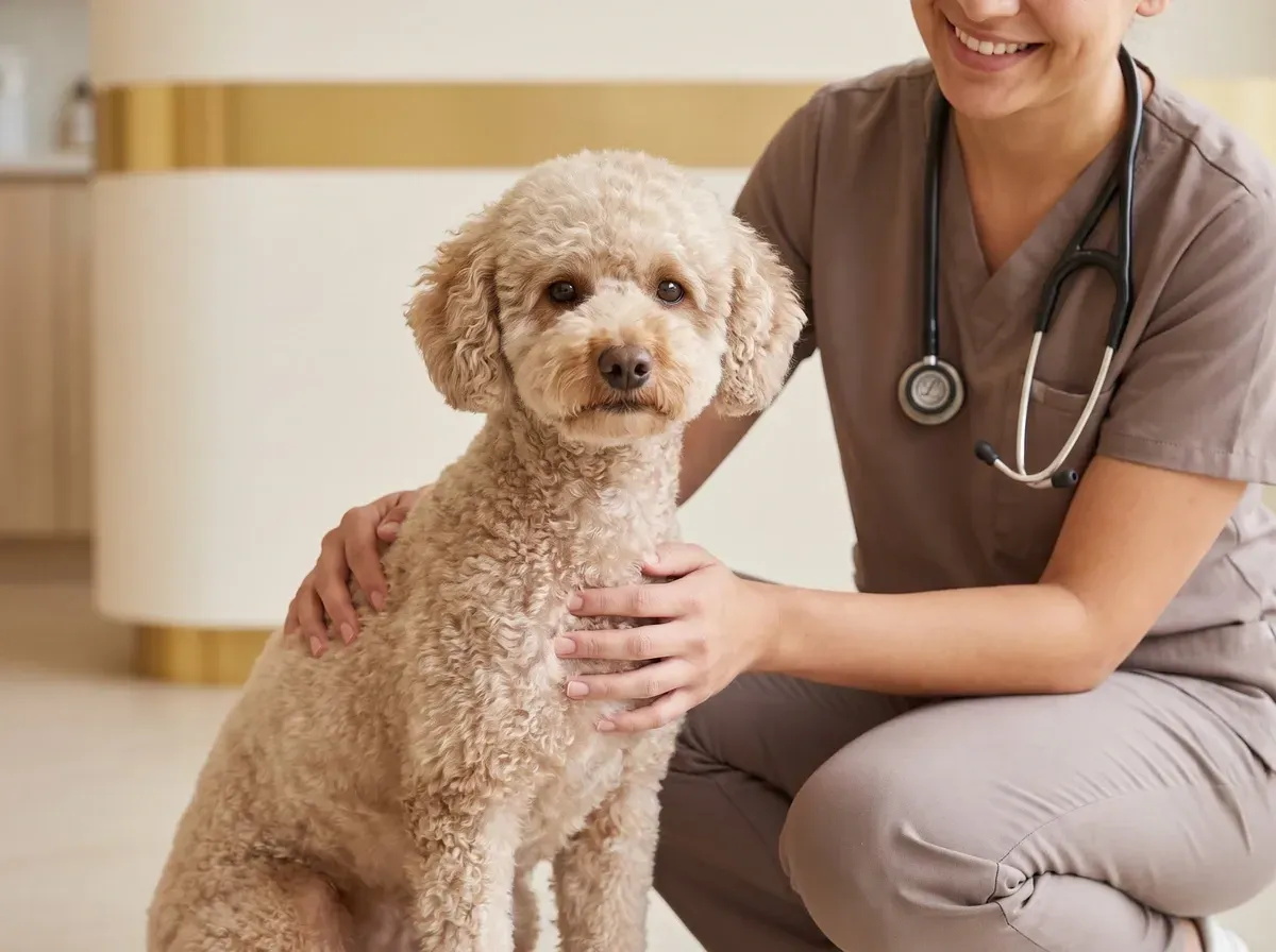 Toy Poodle, a calm cafe au lait adult sitting as a vet in taupe scrubs kneels alongside
