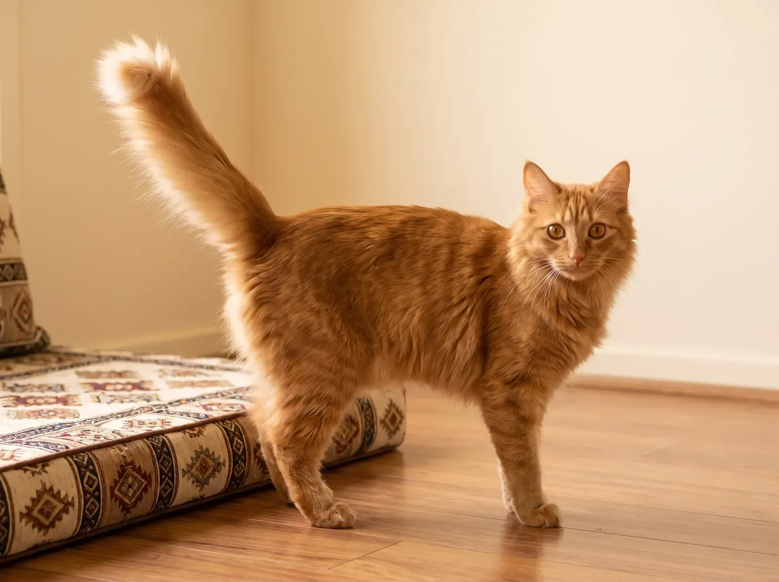 Turkish Angora, a slim red cat standing on a timber floor by a floor cushion, tail raised