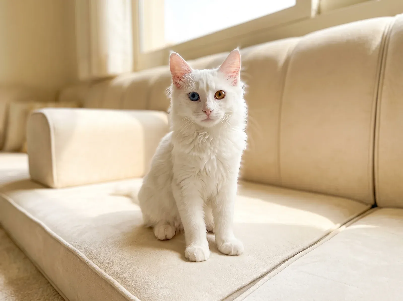 Turkish Angora, a white kitten with one blue eye and one amber eye sitting on a cream sofa