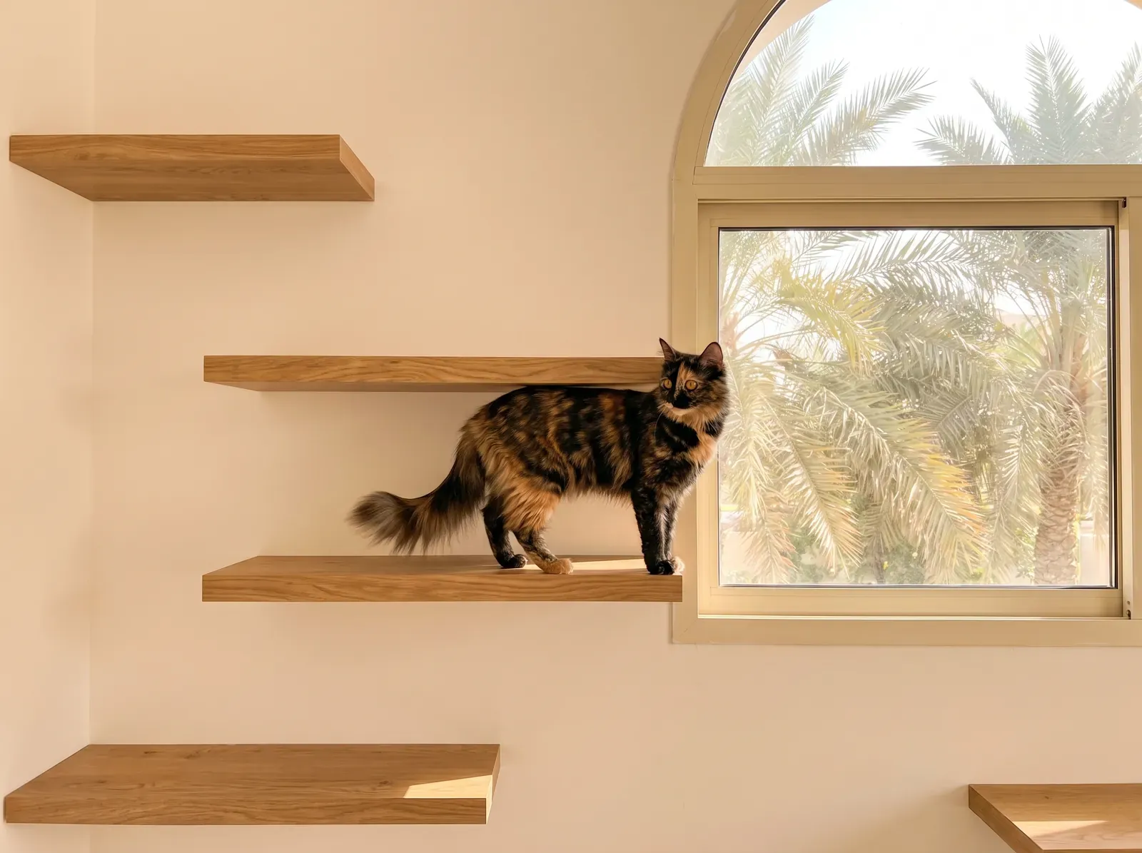 Turkish Angora in Dubai, a tortoiseshell cat on stepped wall shelves beside a window with palms