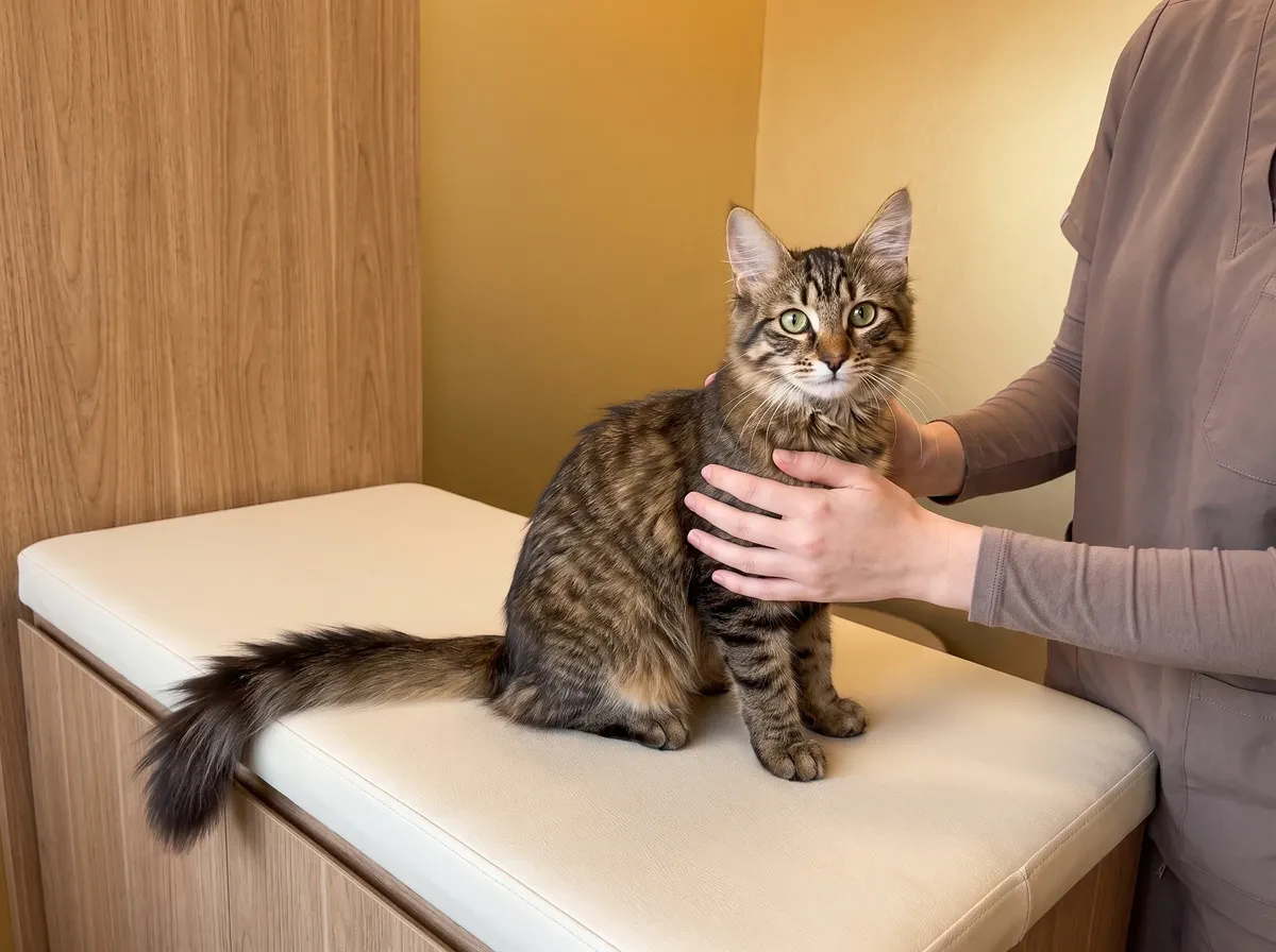 Turkish Angora, a brown tabby kitten on a consultation table, steadied by a vet's hands