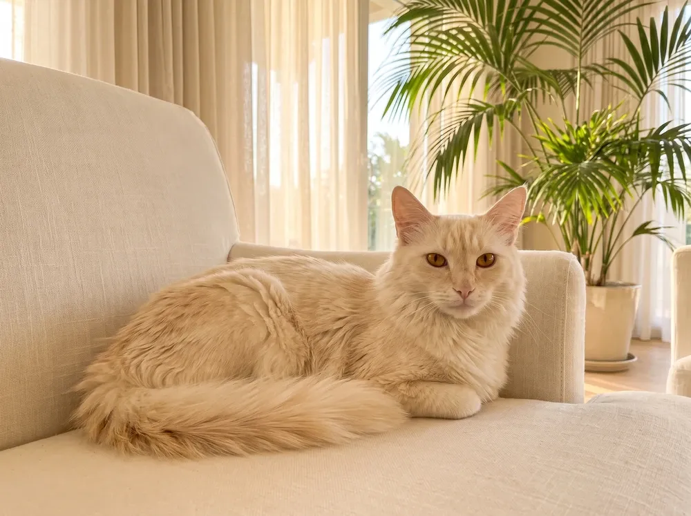 Turkish Angora, an older cream cat resting on a linen armchair, eyes bright