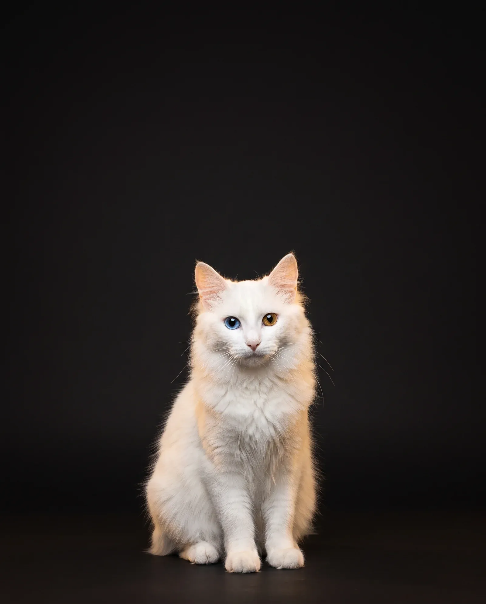 Turkish Angora in Dubai, studio portrait of a calm white adult with odd eyes, sitting