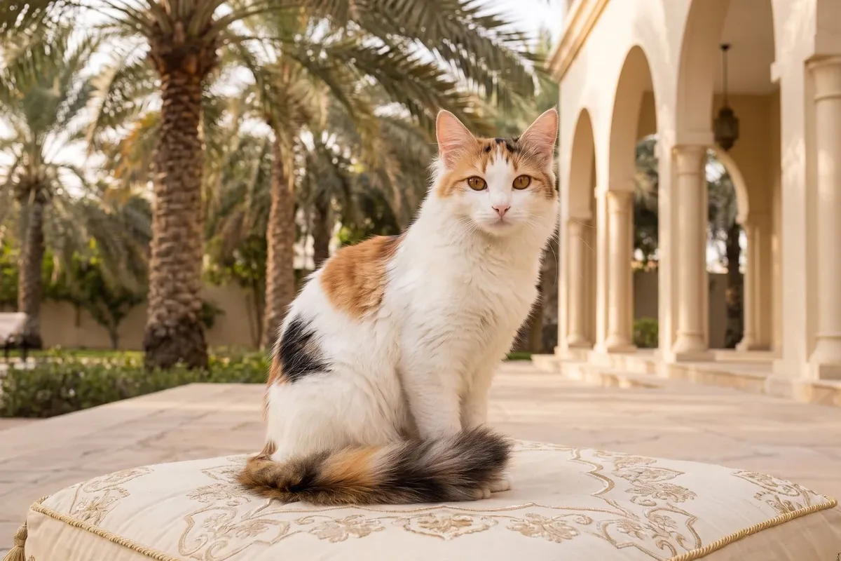 Turkish Angora history, the breed today, a calico cat on a majlis cushion on a shaded terrace, Dubai, 2026