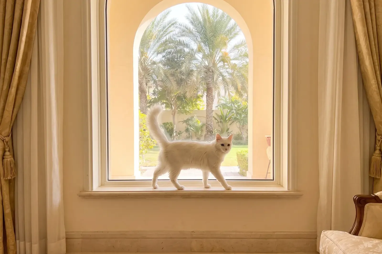 Turkish Angora history, the breed today, a white cat on a window ledge with palms outside, Dubai, 2026