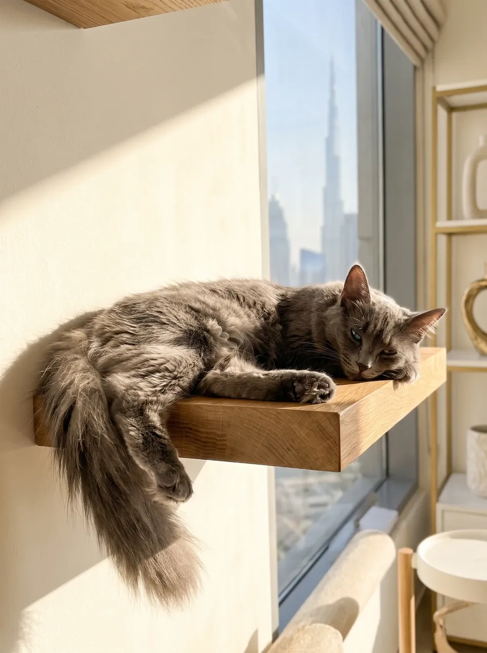 Turkish Angora in Dubai, a blue cat asleep on a sunlit wall shelf, the Burj Khalifa behind