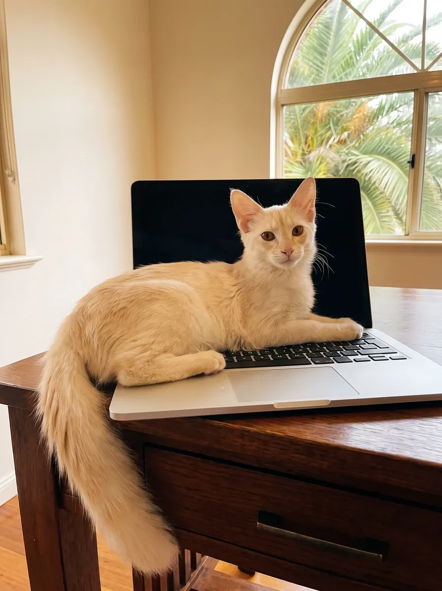Turkish Angora in Dubai, a cream cat lying across a laptop keyboard, palms through an arched window