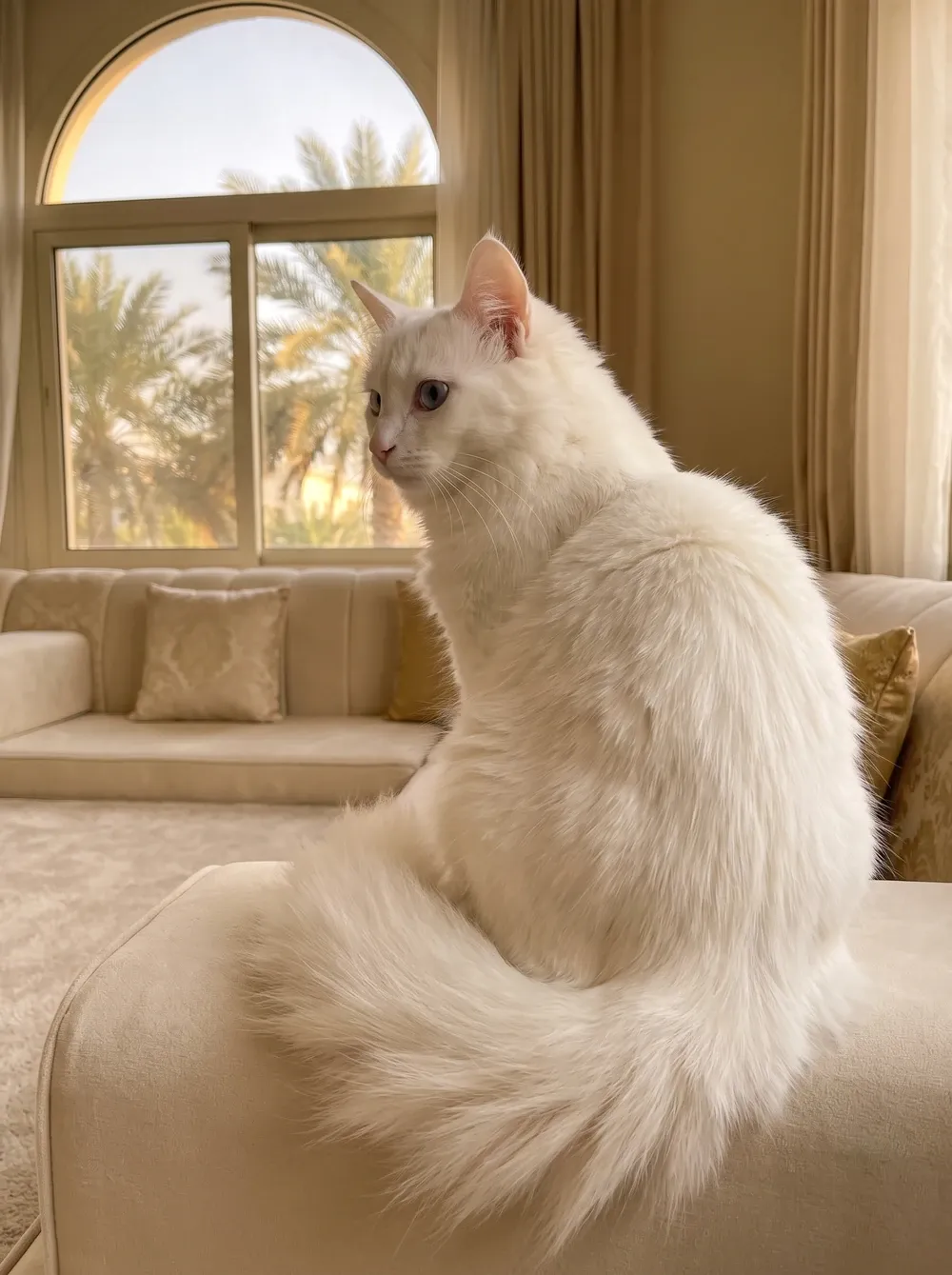 Turkish Angora in Dubai, a white cat with blue eyes on a majlis sofa, looking out at the palms