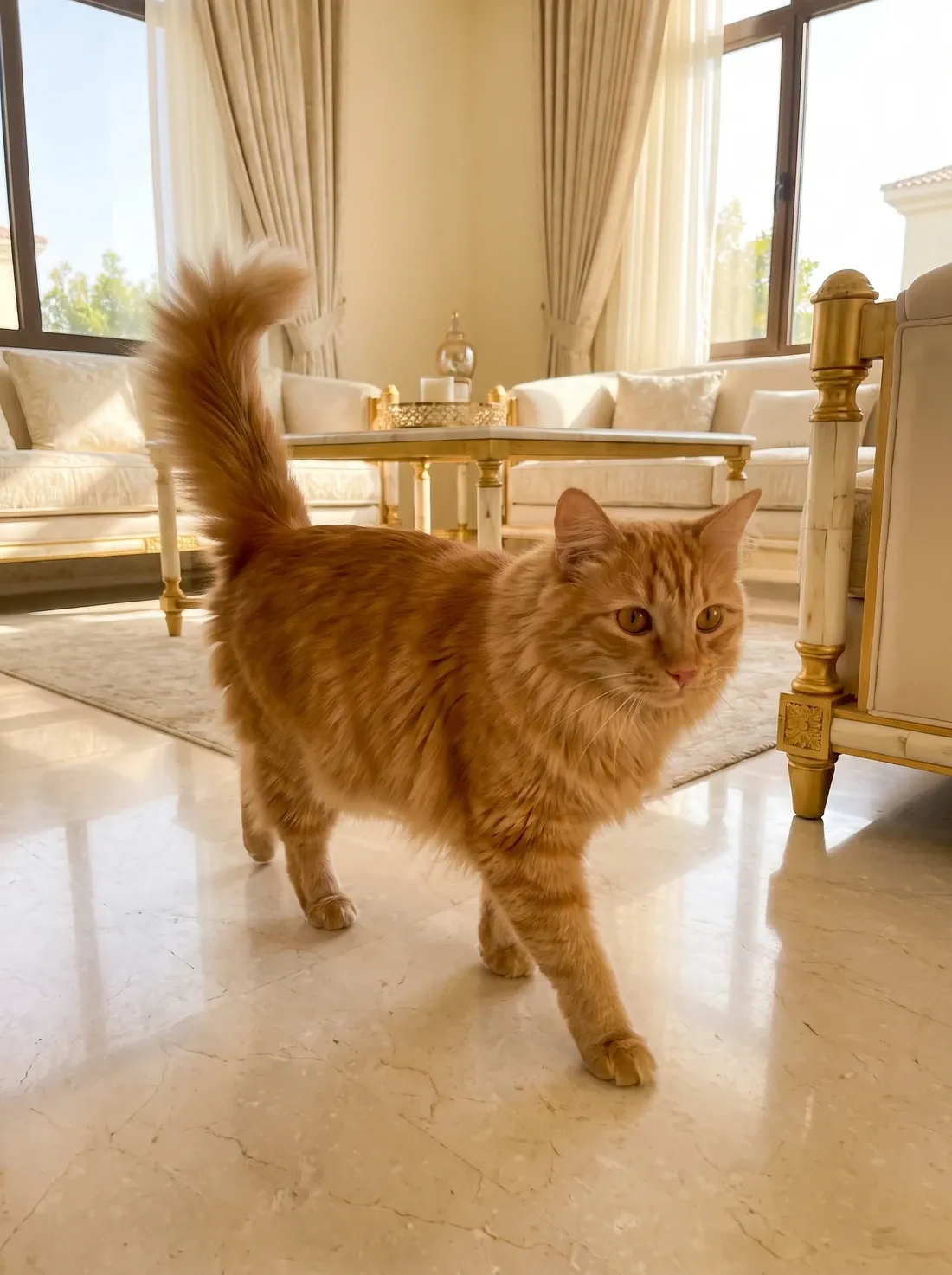 Turkish Angora, a red cat trotting across a marble living room floor, tail held high
