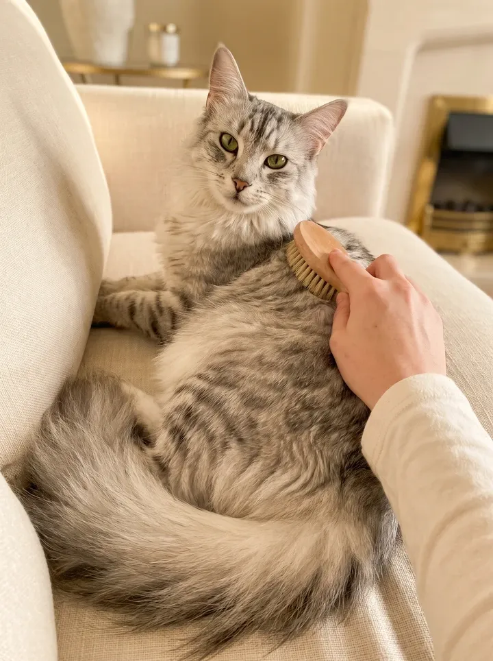Turkish Angora, a silver tabby lying on a linen sofa while a hand brushes their back