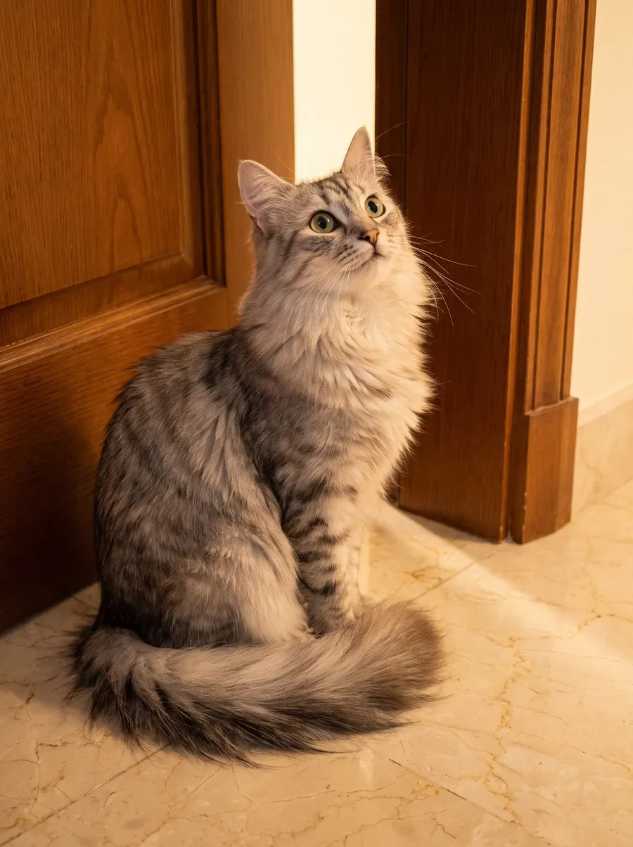 Turkish Angora, a silver tabby sitting by the front door in the evening, looking up