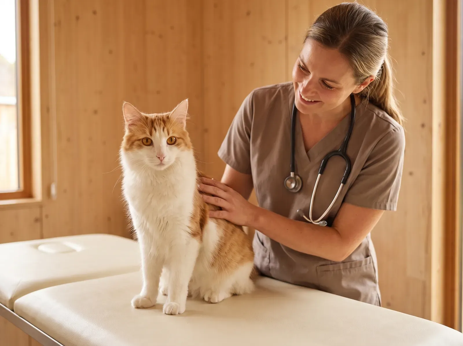 Turkish Angora, a red and white cat on a padded table, a vet in taupe scrubs resting a hand on their back