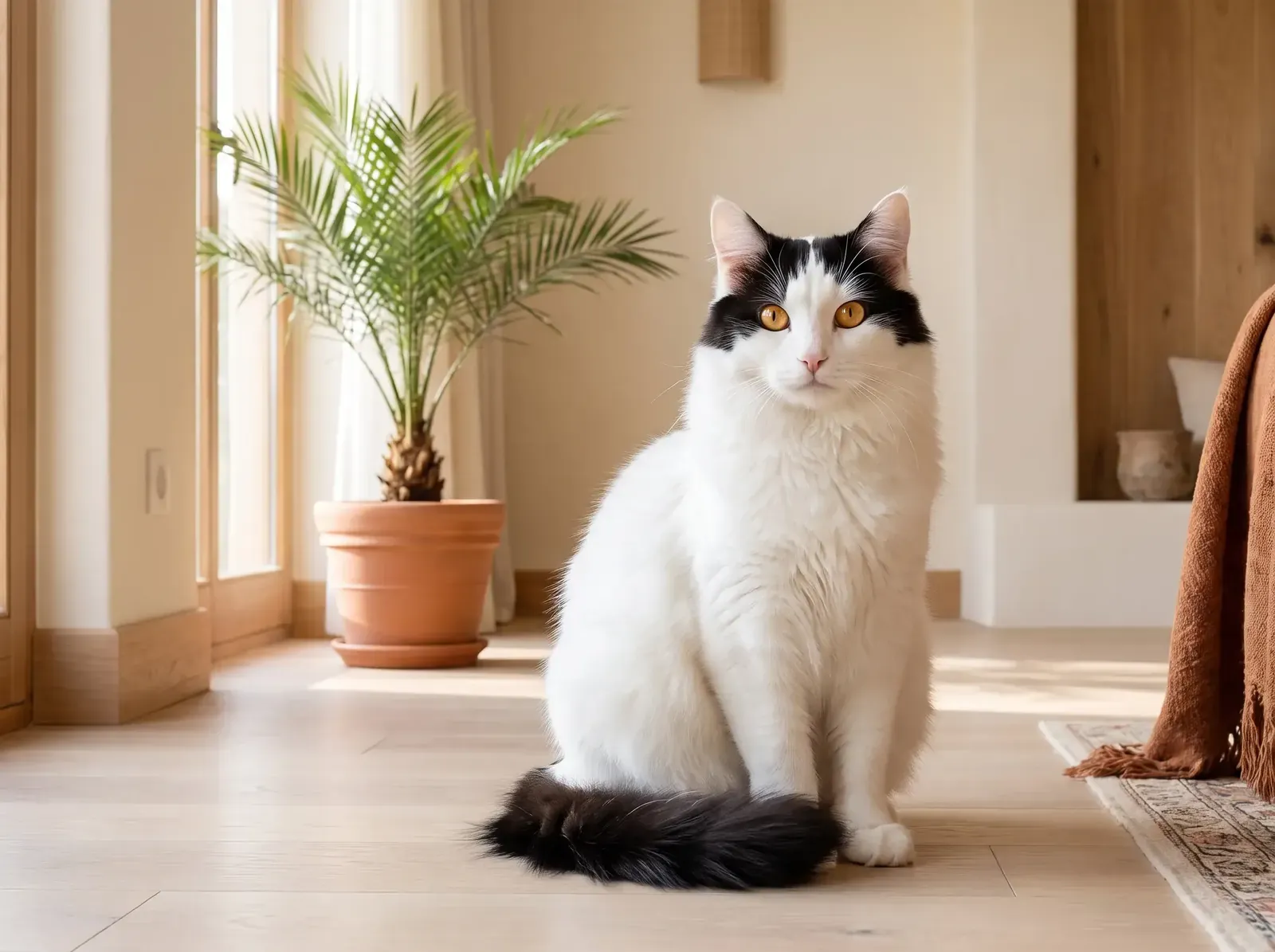 Turkish Van in Dubai, a white cat with black head markings and tail sitting on a timber floor