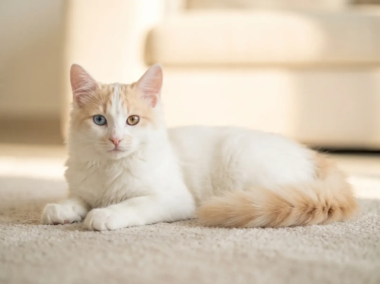 Turkish Van, a young white cat with cream markings and odd eyes, one blue, one amber