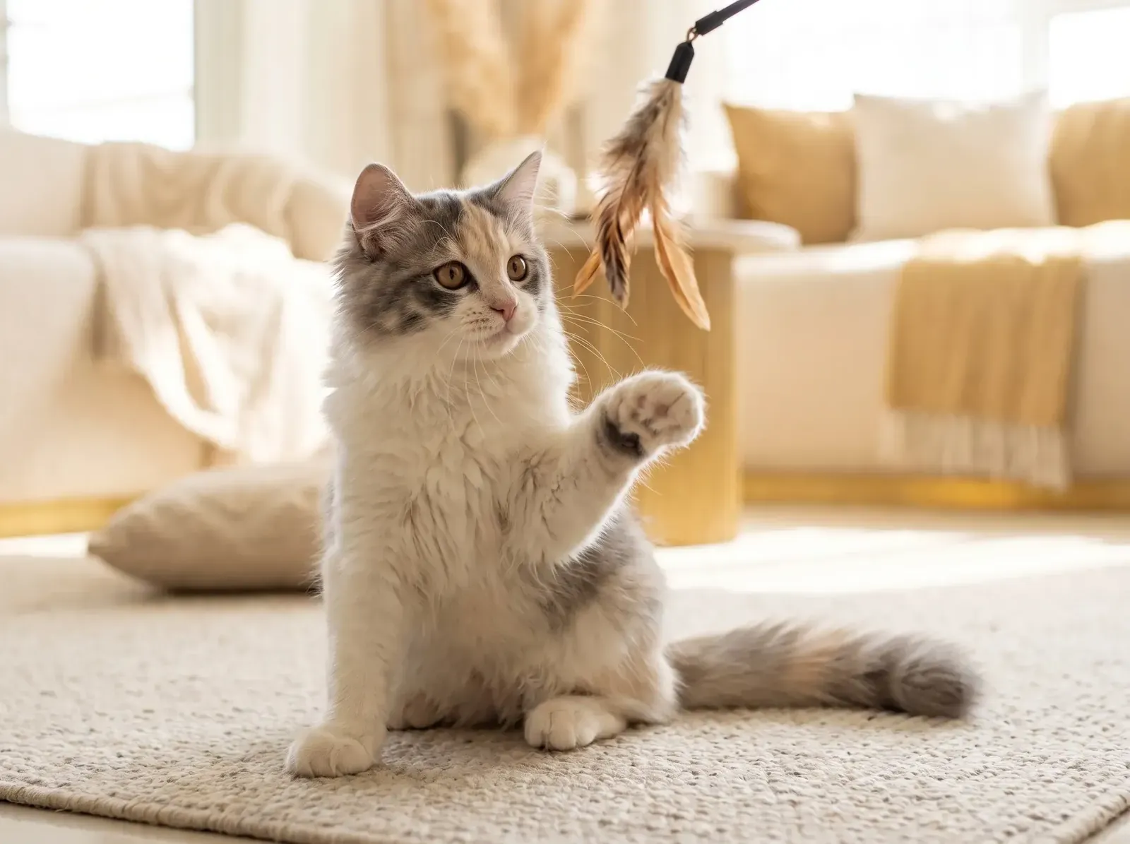 Turkish Van, a blue-cream kitten batting at a feather toy on a wool rug