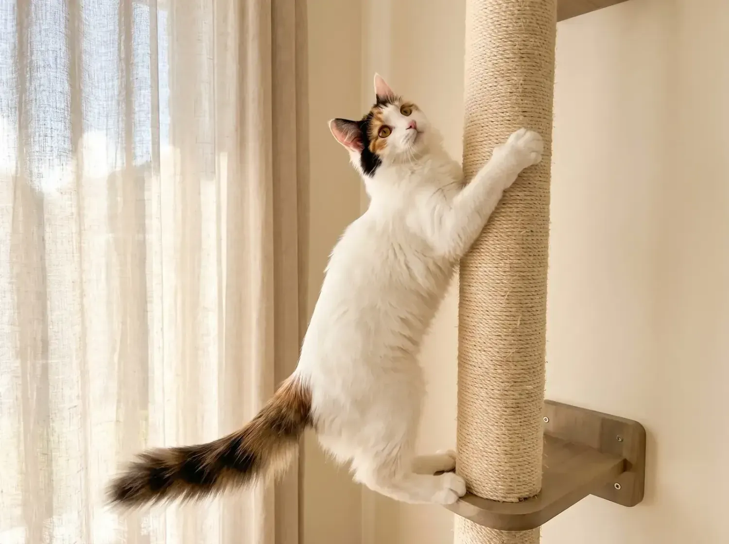 Turkish Van, a white cat with tortoiseshell markings climbing a sturdy sisal cat tree