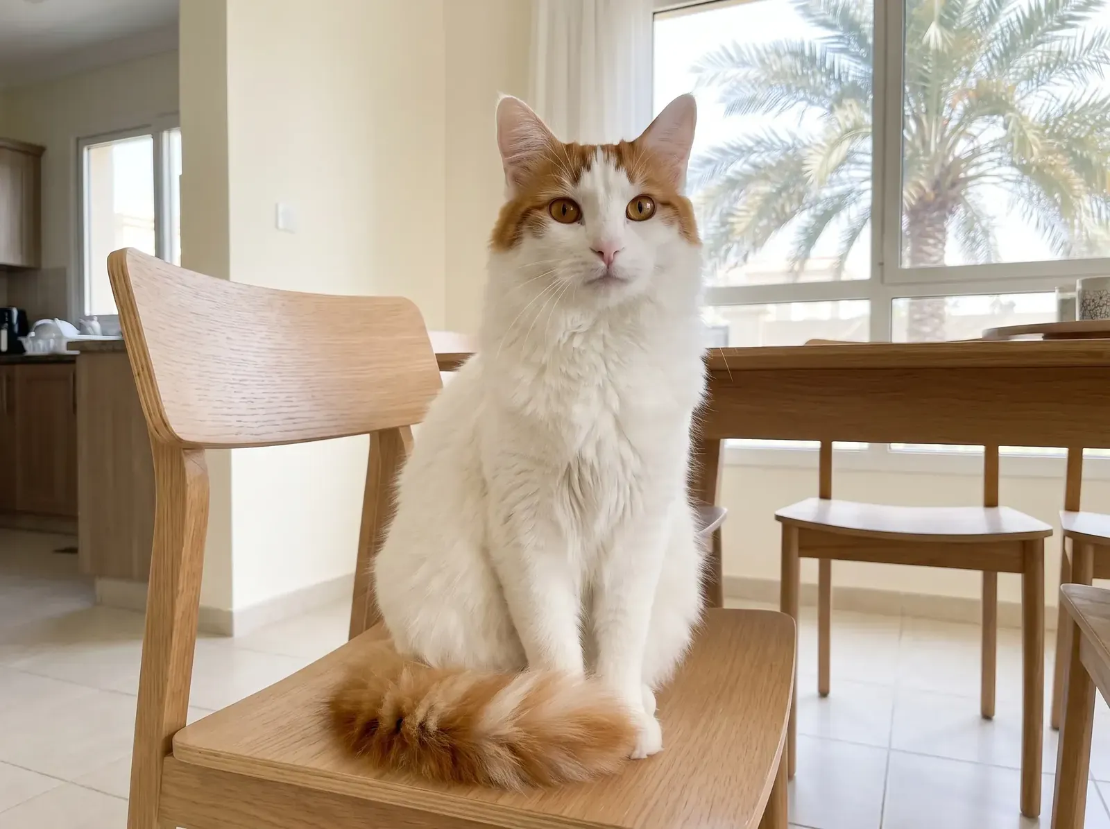 Turkish Van in Dubai, a white adult with auburn markings sitting on a dining chair, a date palm outside