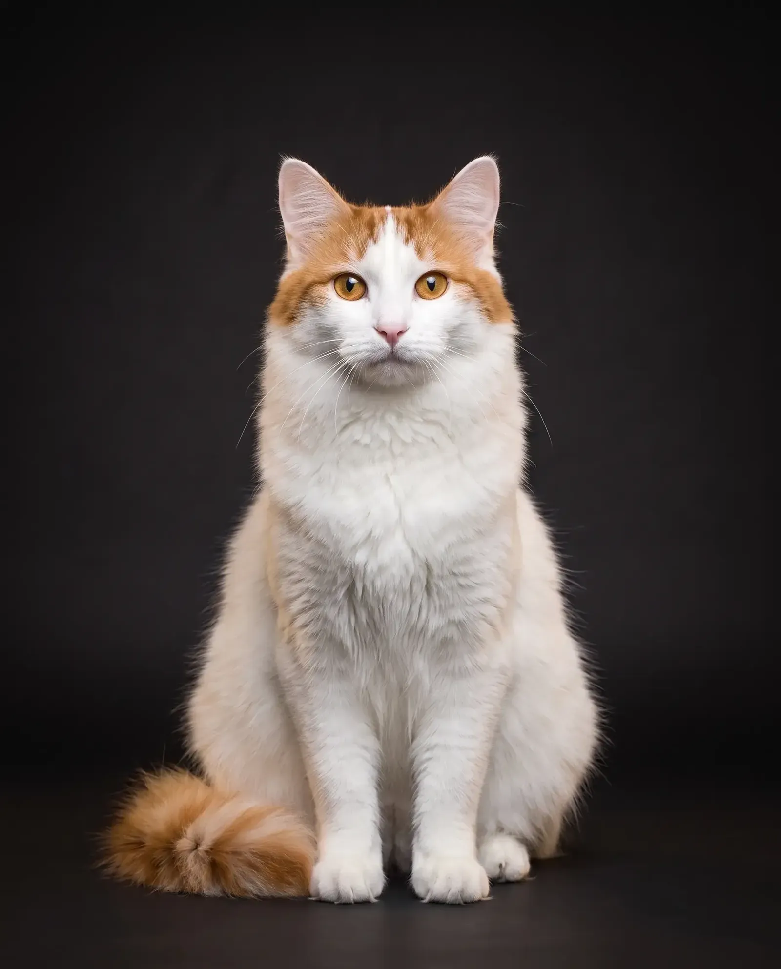 Turkish Van in Dubai, studio portrait of a white adult with auburn head markings and tail, sitting