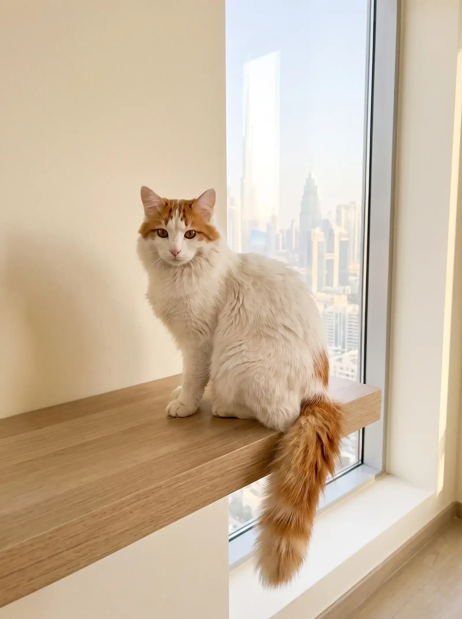 Turkish Van in Dubai, the same cat on a sturdy wall shelf, the skyline through the window