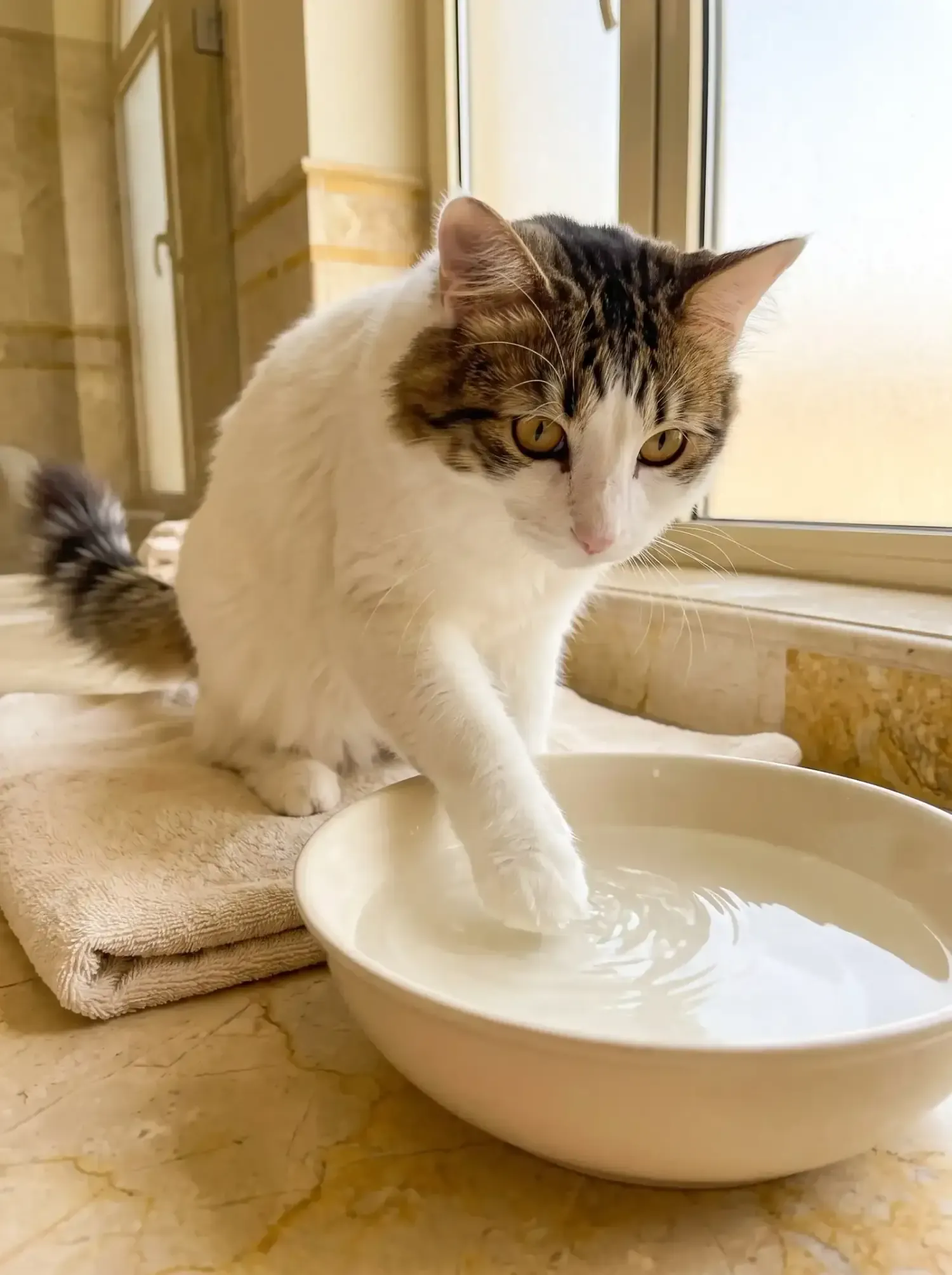 Turkish Van, a white cat with brown tabby markings dipping a paw into a bowl of water