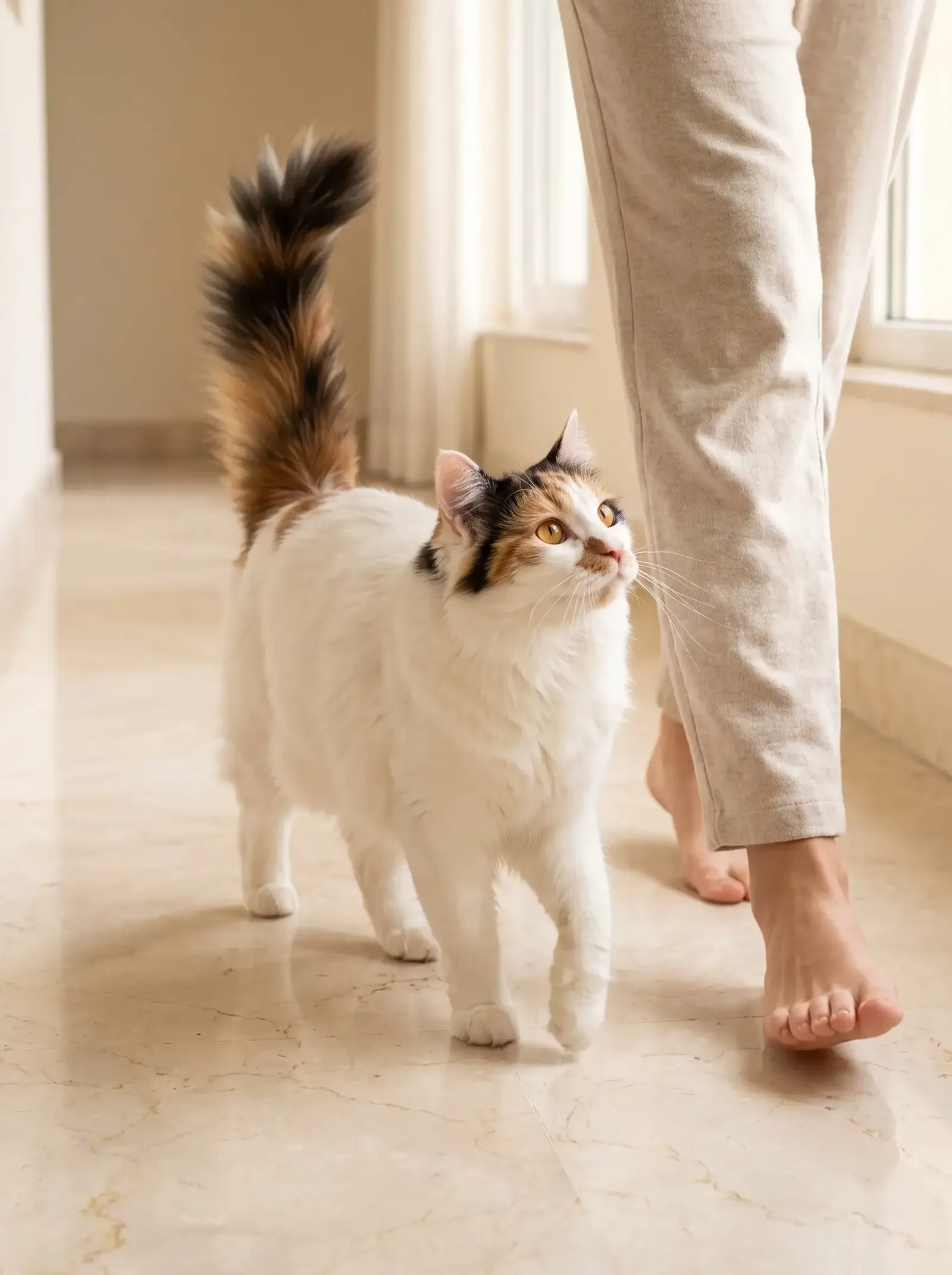 Turkish Van, a white cat with tortoiseshell markings trotting beside a pet parent down a hallway