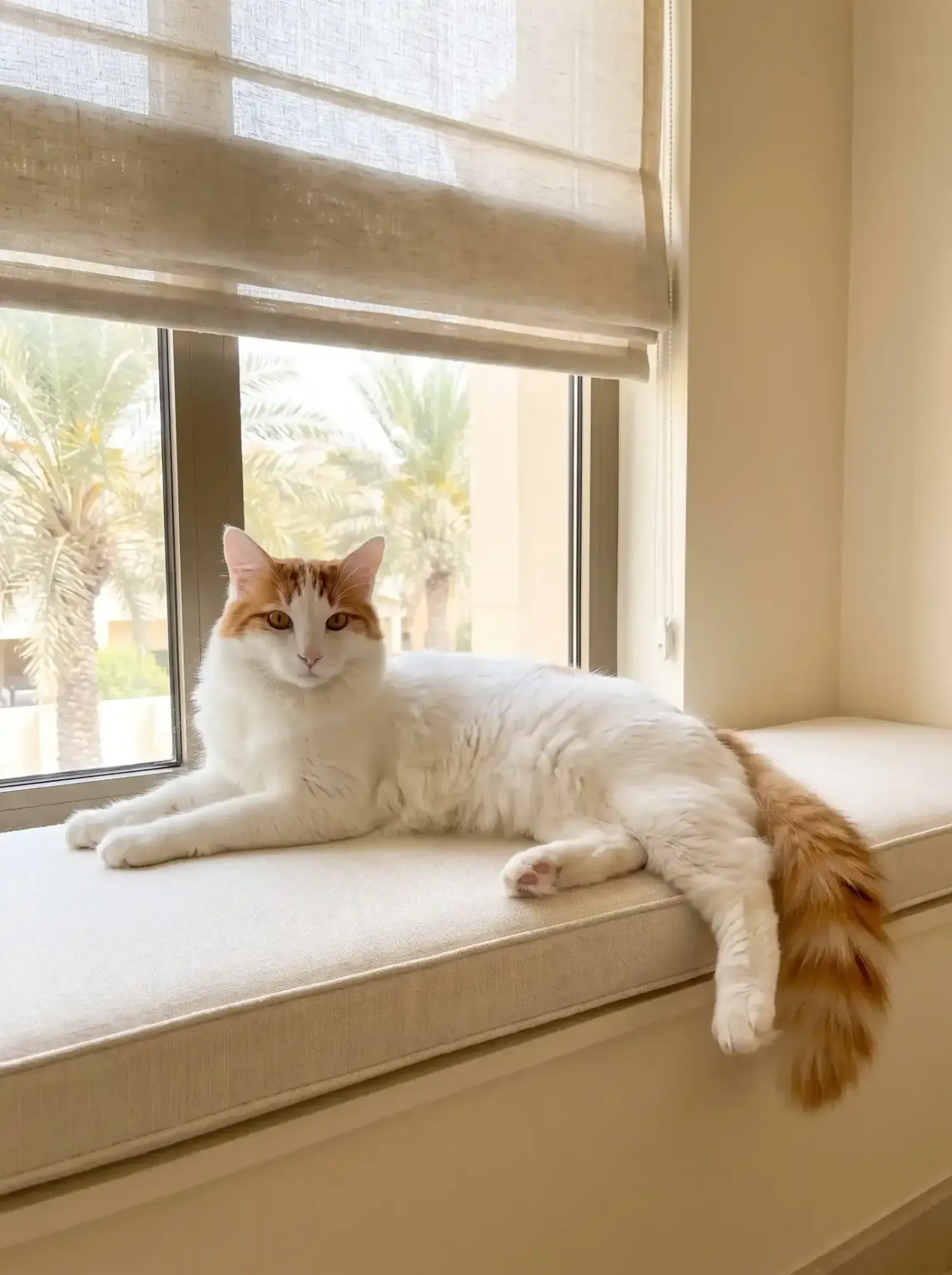 Turkish Van in Dubai, a white cat with auburn markings on a shaded window seat, palms outside