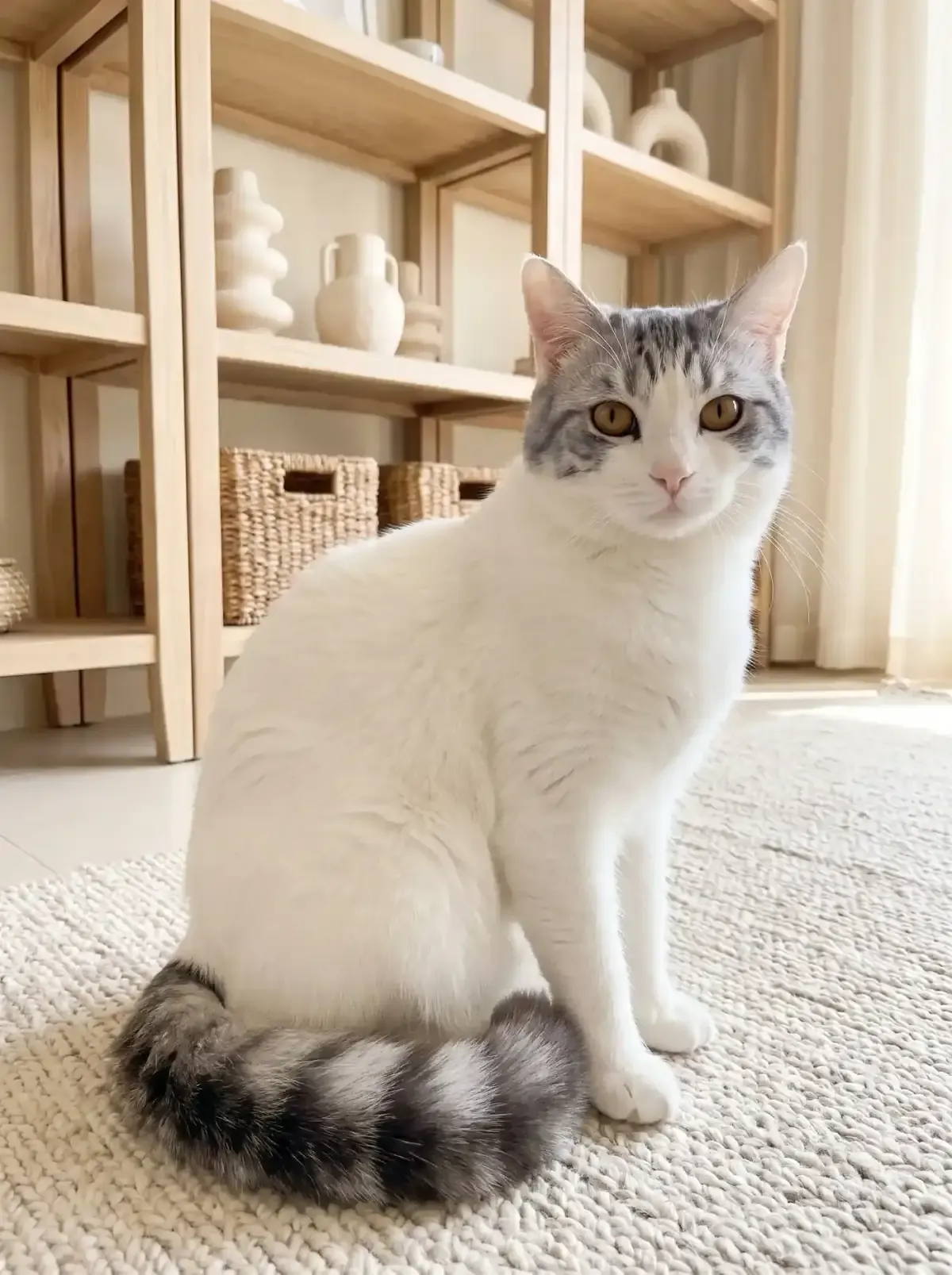 Turkish Van, a white cat with blue tabby markings sitting at the foot of a shelving unit