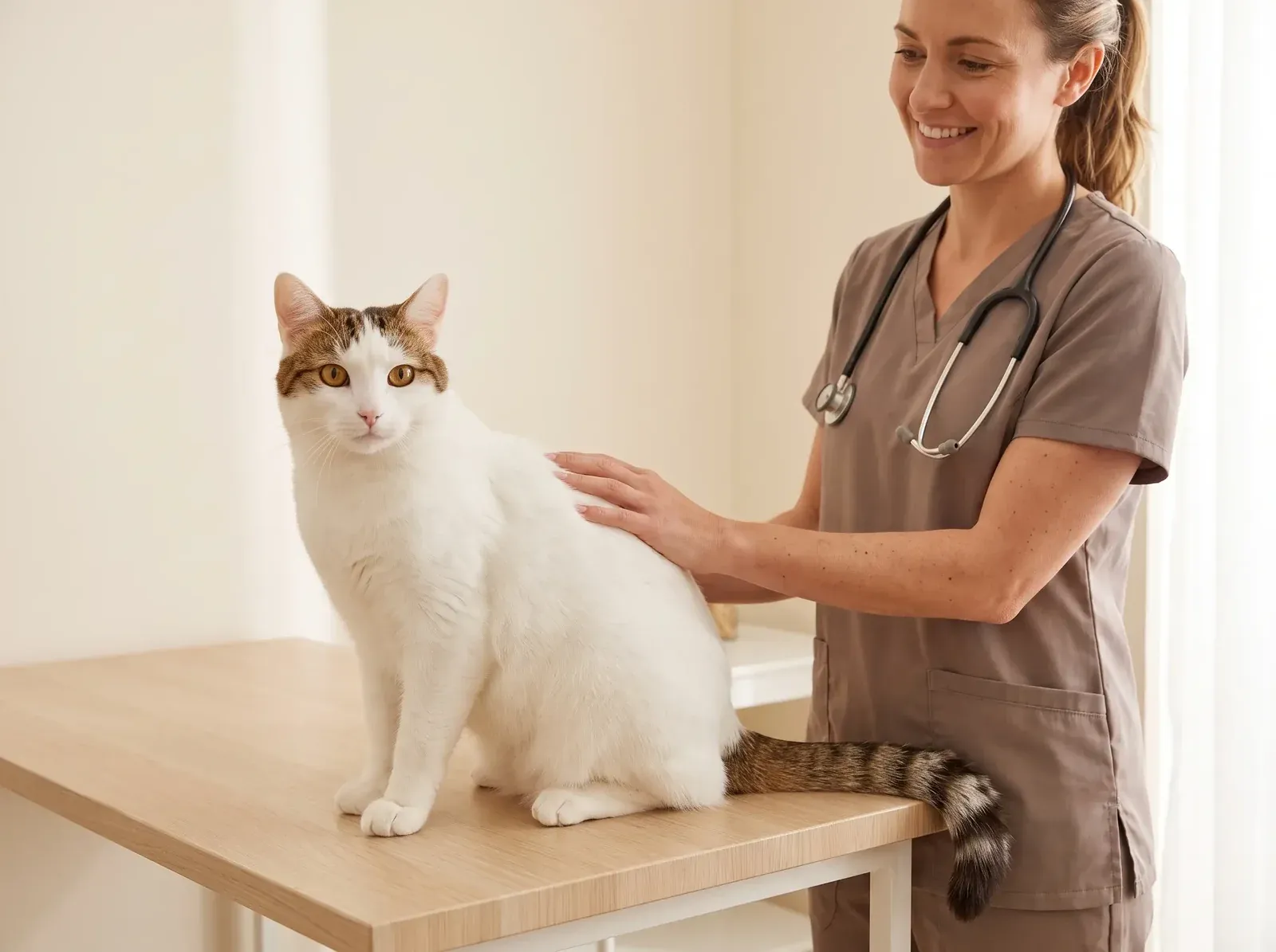 Turkish Van, a white cat with brown tabby markings on a consultation table, a smiling vet in taupe scrubs