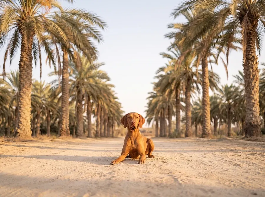 Vizsla in Dubai, a golden rust adult lying on a sandy path between rows of date palms