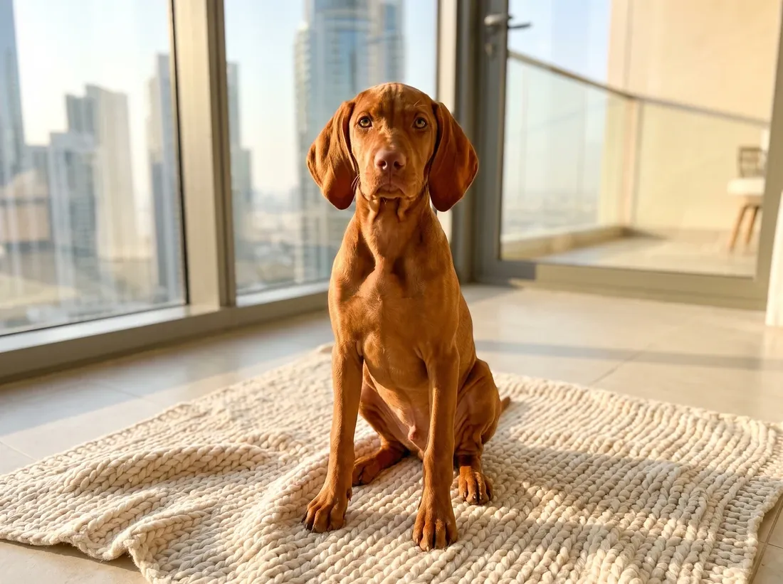 Vizsla in Dubai, a golden rust puppy sitting on a cream knitted rug, the skyline through the window