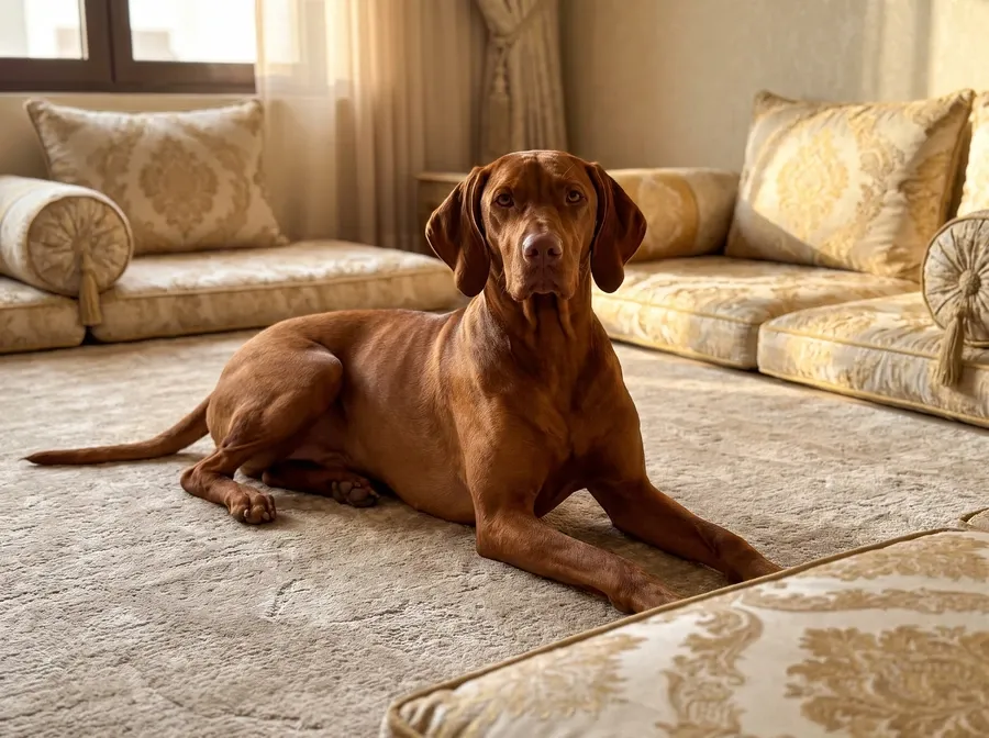 Vizsla in Dubai, a deep russet adult lying on a rug in a majlis with low floor cushions