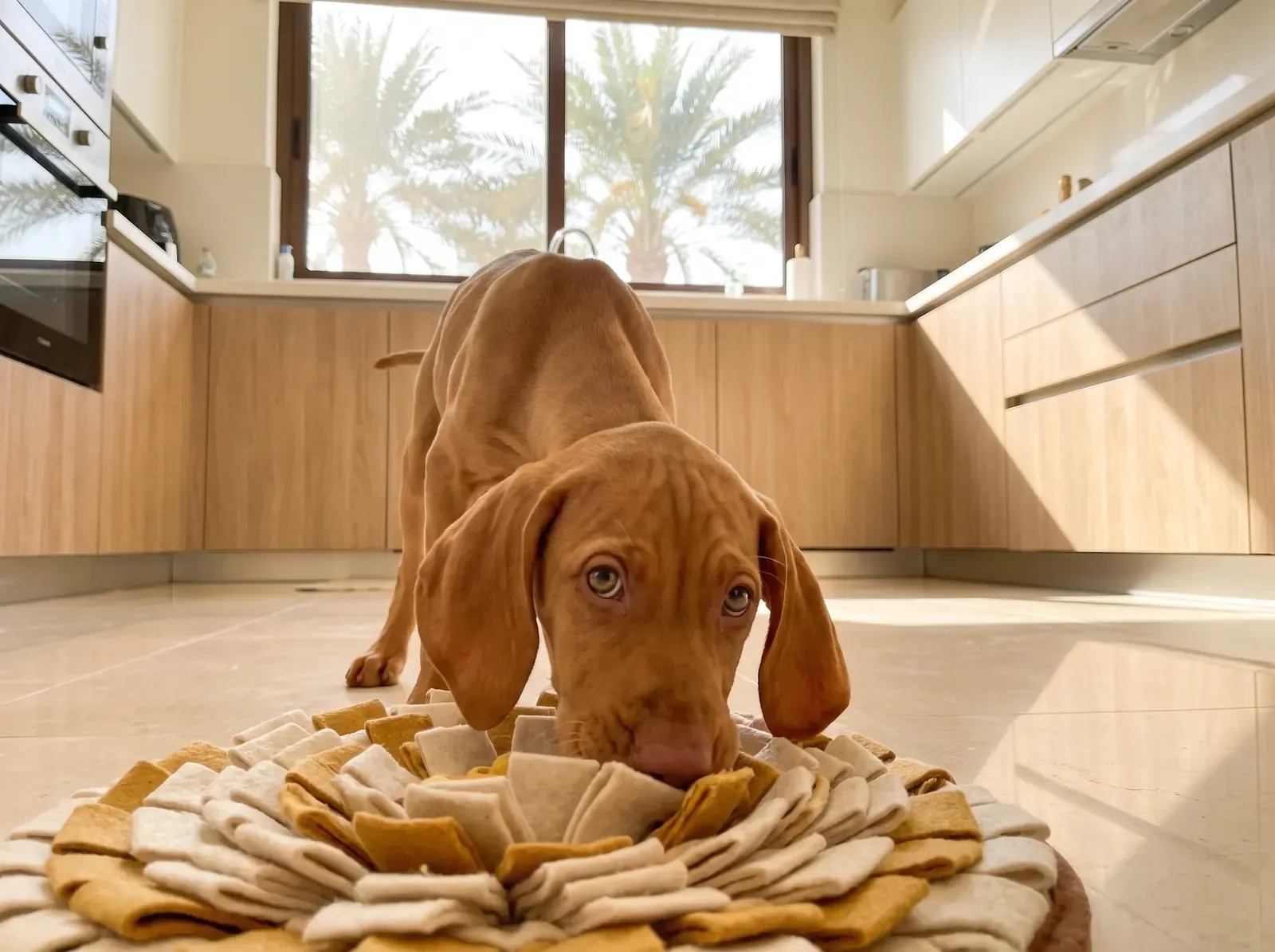 Vizsla in Dubai, a light golden puppy nosing through a snuffle mat in a villa kitchen, palms outside