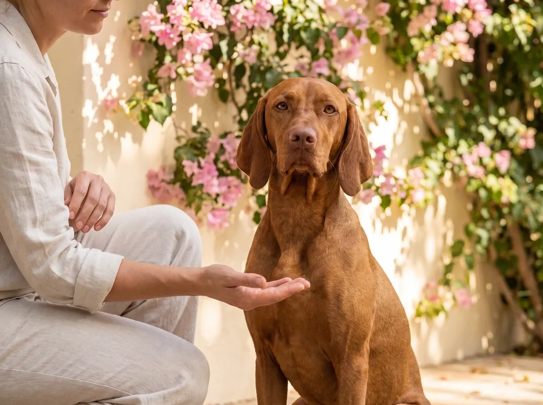 Vizsla, a calm golden rust adult sitting by a pet parent's open hand in a garden with bougainvillea
