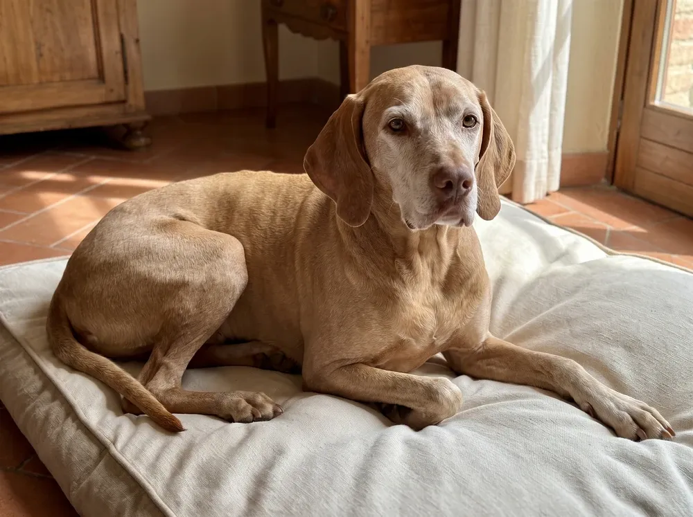 Vizsla, an older light golden dog with a white-frosted muzzle resting on a cushioned bed, eyes bright