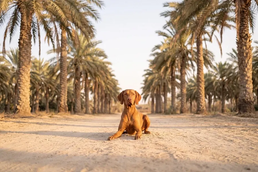 Vizsla history, the breed today, a golden rust adult lying on a sandy path between date palms, Dubai, 2026