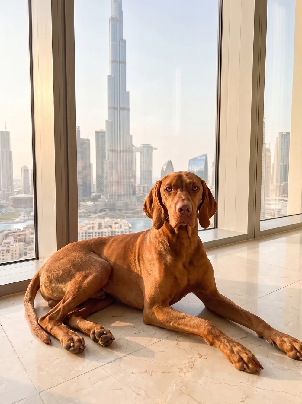 Vizsla in Dubai, a golden rust adult lying on cool marble by a tall window, the skyline behind