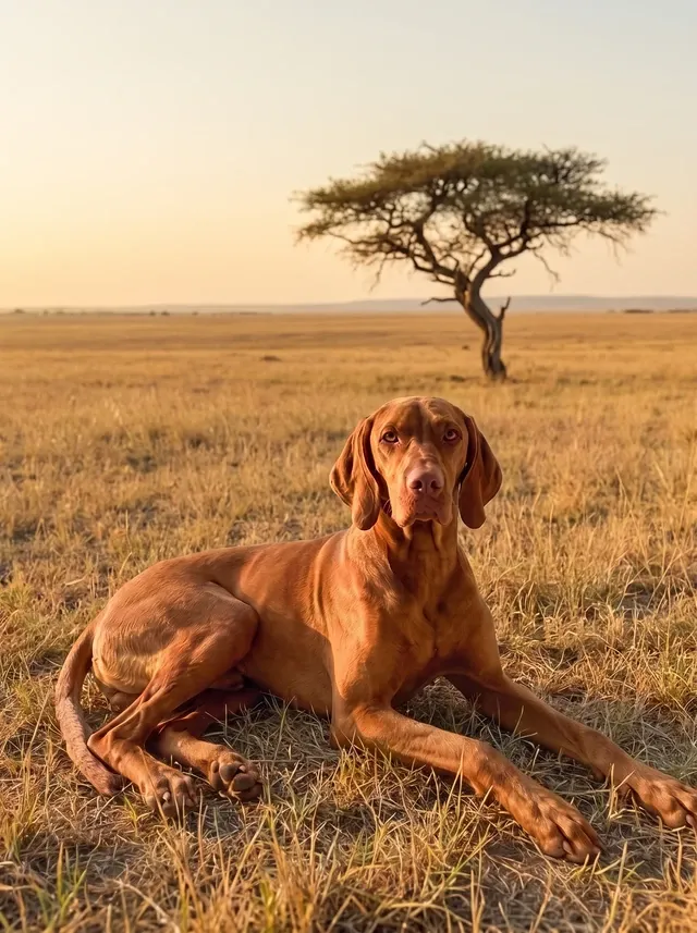 Vizsla, a golden rust adult lying in dry grass on an open plain beside a lone tree