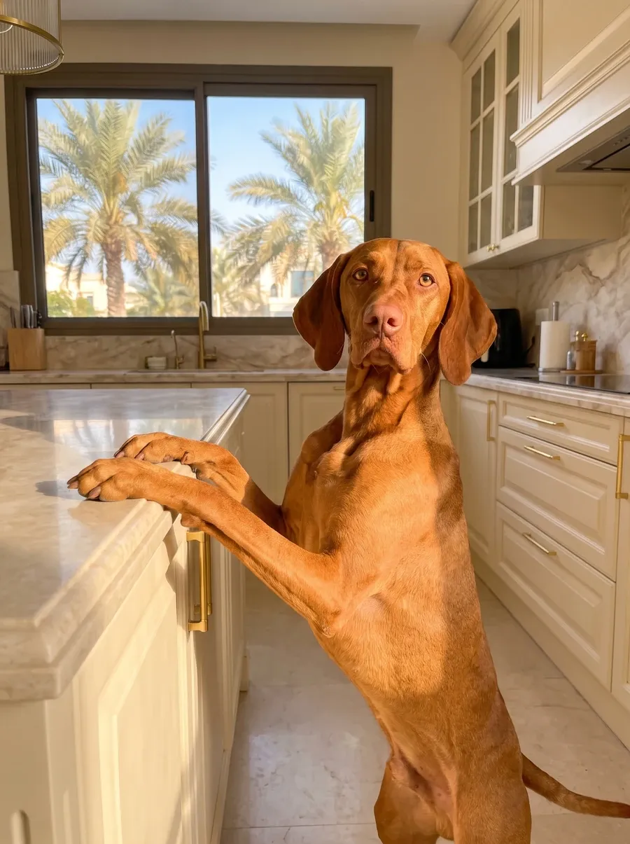 Vizsla in Dubai, a golden rust adult with front paws up on a stone kitchen island, palms through the window