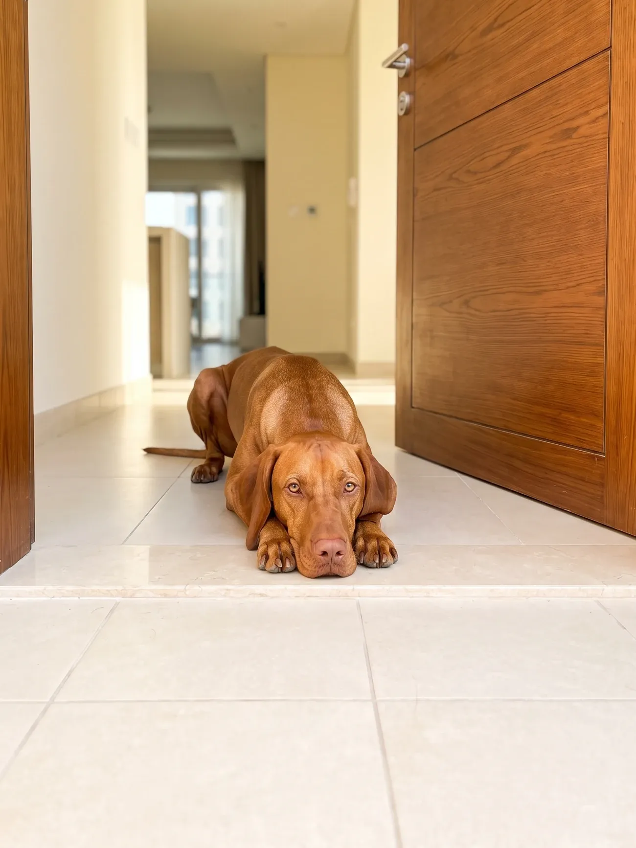 Vizsla, a golden rust adult lying by the open front door of a flat, chin on paws