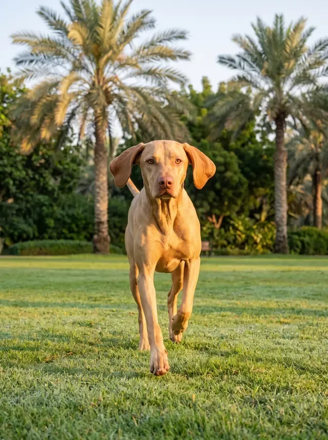 Vizsla in Dubai, a light golden adult trotting across a park lawn under date palms