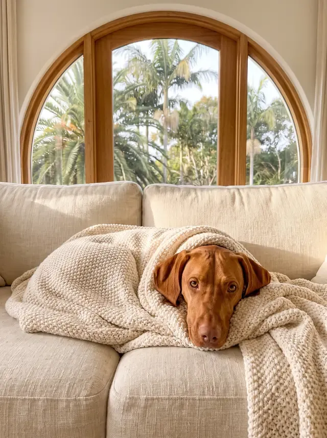 Vizsla in Dubai, a golden rust adult under a cream blanket on a sofa, palms through an arched window