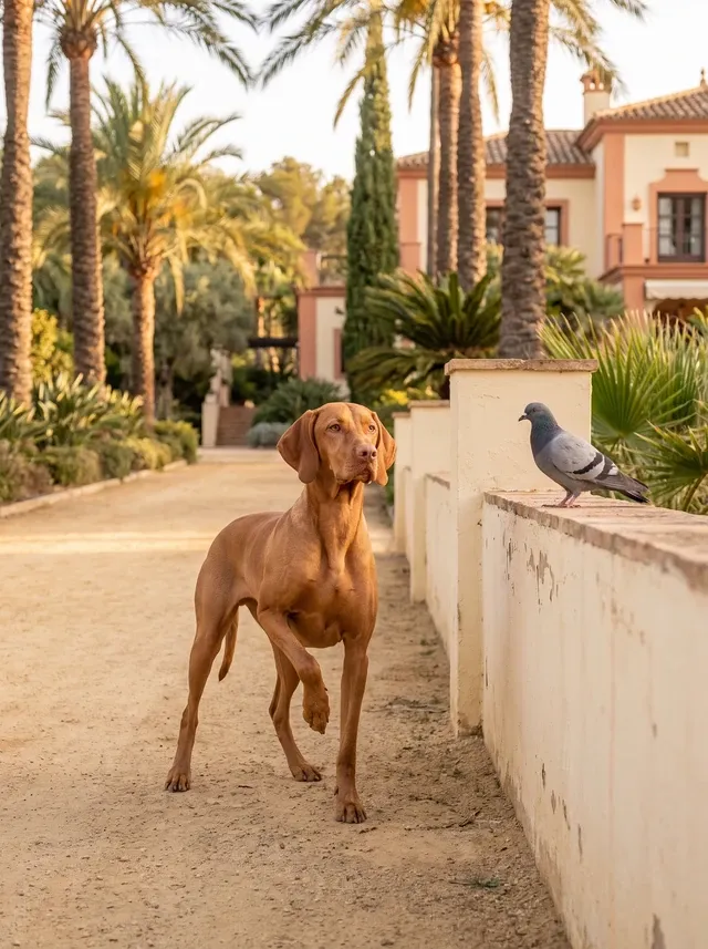 Vizsla in Dubai, a golden rust adult standing still, one paw lifted, watching a pigeon on a villa wall