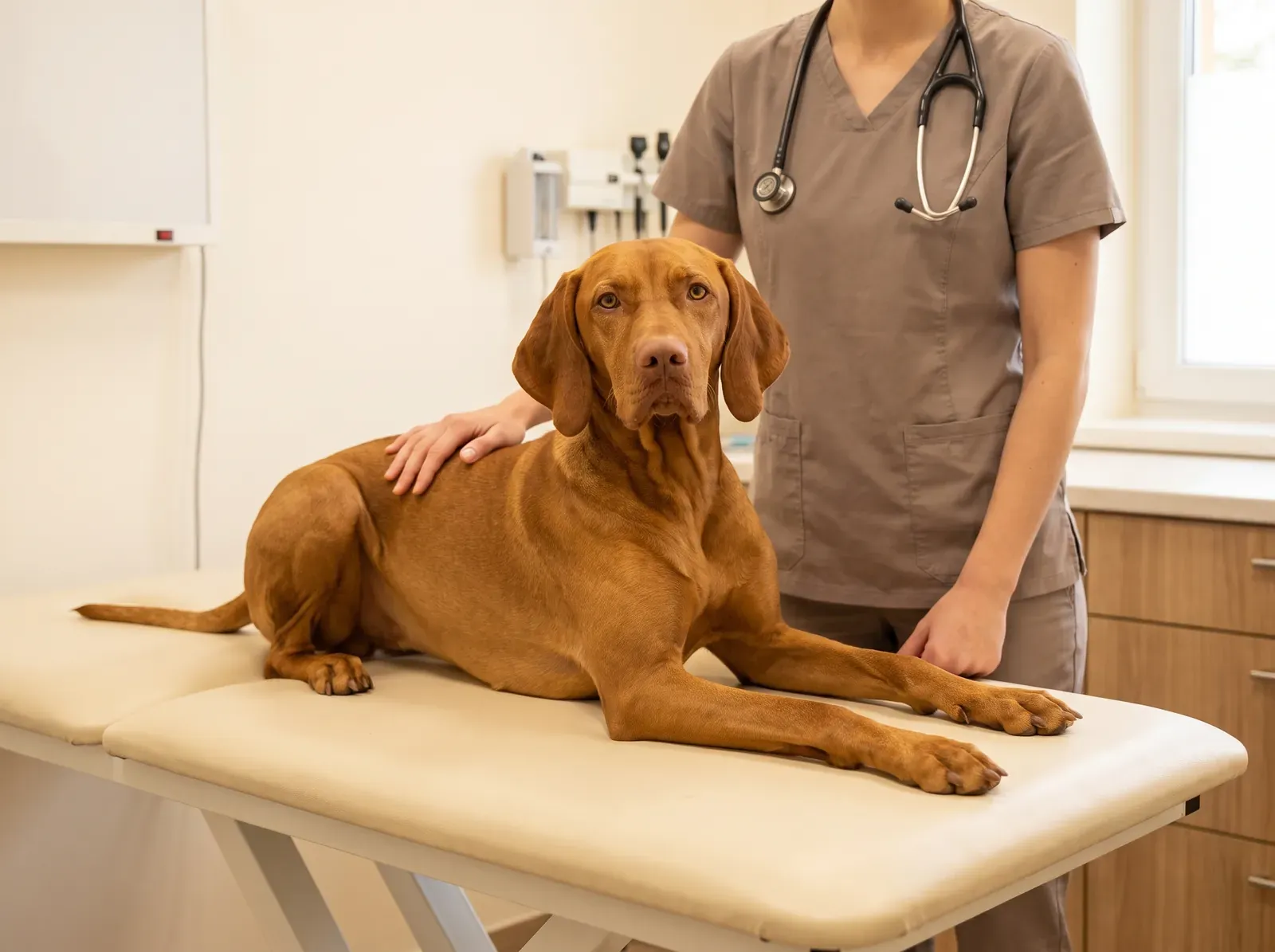 Vizsla, a golden rust adult lying on a padded table, a vet in taupe scrubs resting a hand on their back