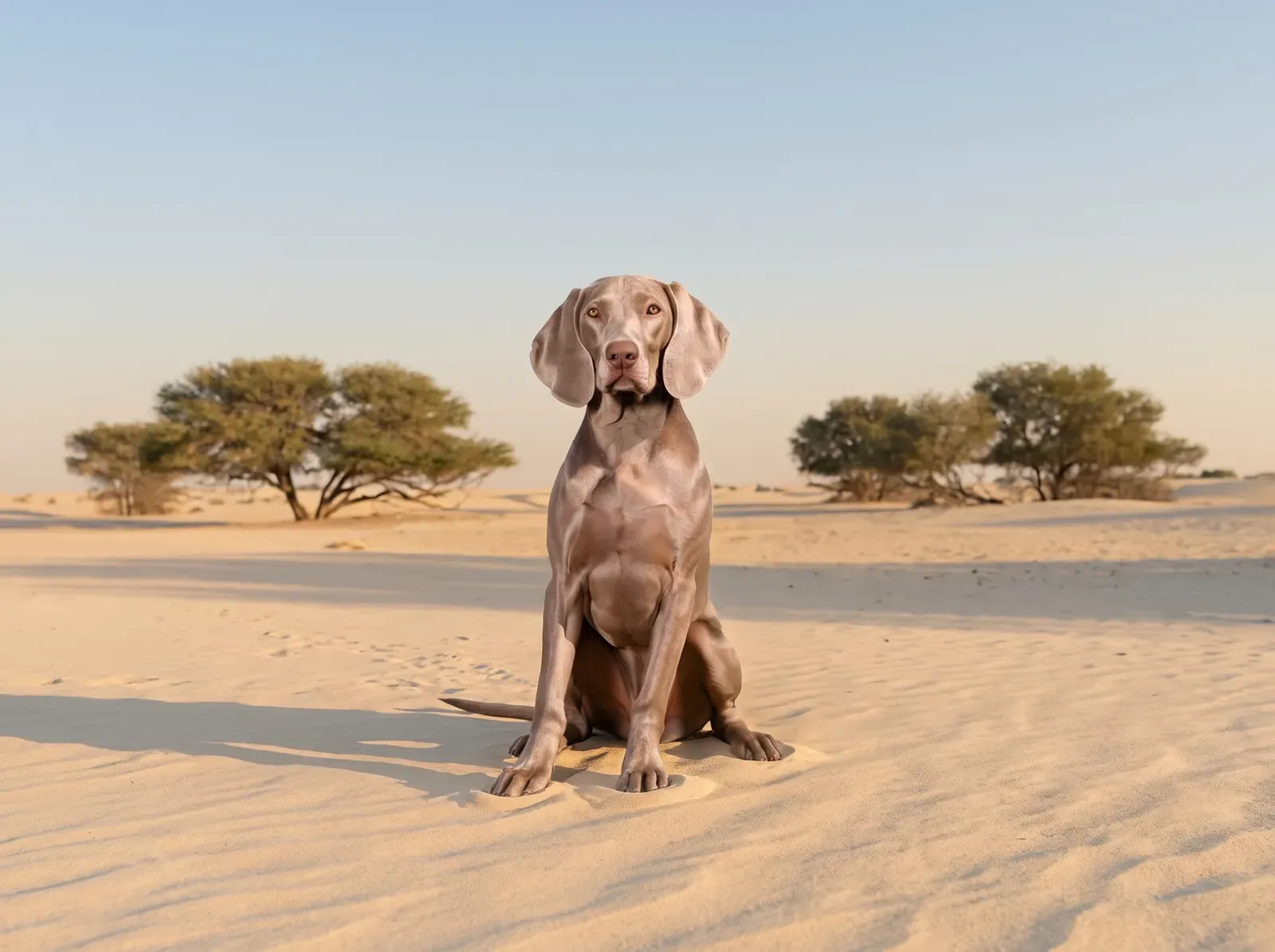 Weimaraner in Dubai, a grey adult at the desert edge among ghaf trees