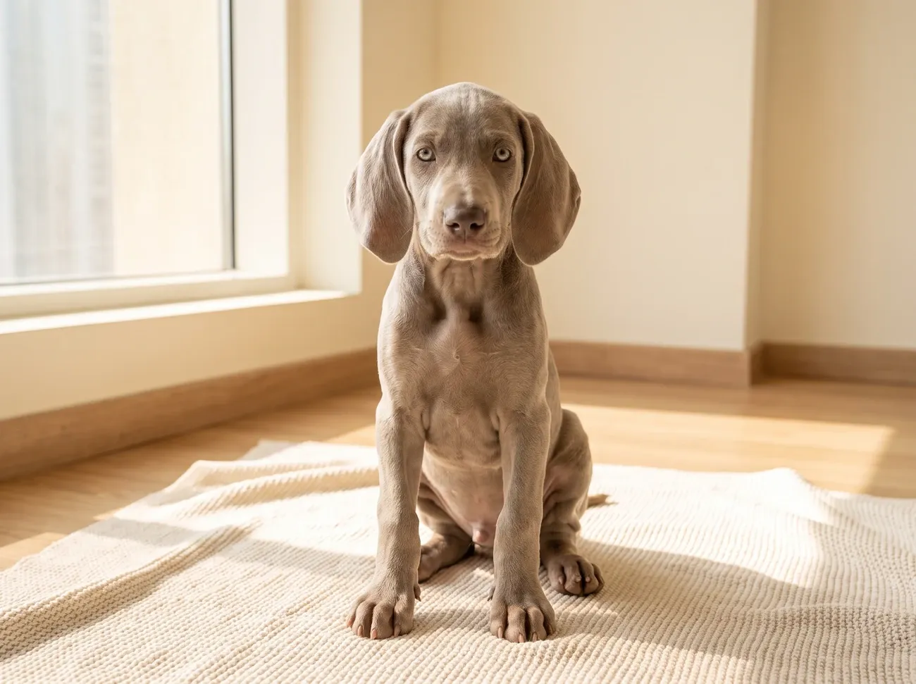 Weimaraner, a smooth-coated silver grey puppy sitting on a cream blanket in a bright flat