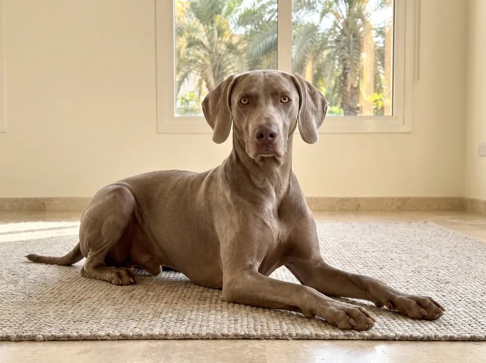 Weimaraner in Dubai, a mouse grey adult lying on a stone-coloured rug, pale eyes, palms outside