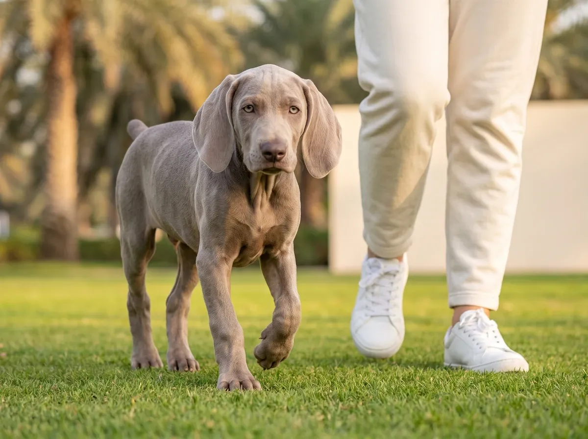 Weimaraner in Dubai, a silver grey puppy walking on a park lawn beside a pet parent, date palms behind