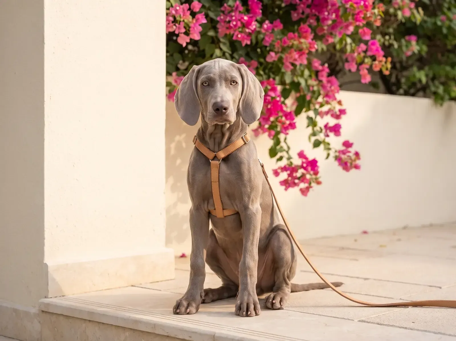 Weimaraner, a roe grey puppy in a tan harness sitting on a villa step by bougainvillea