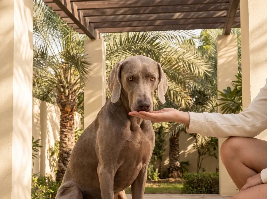 Weimaraner in Dubai, a calm roe grey adult sniffing a pet parent's open hand in a villa garden, palms behind