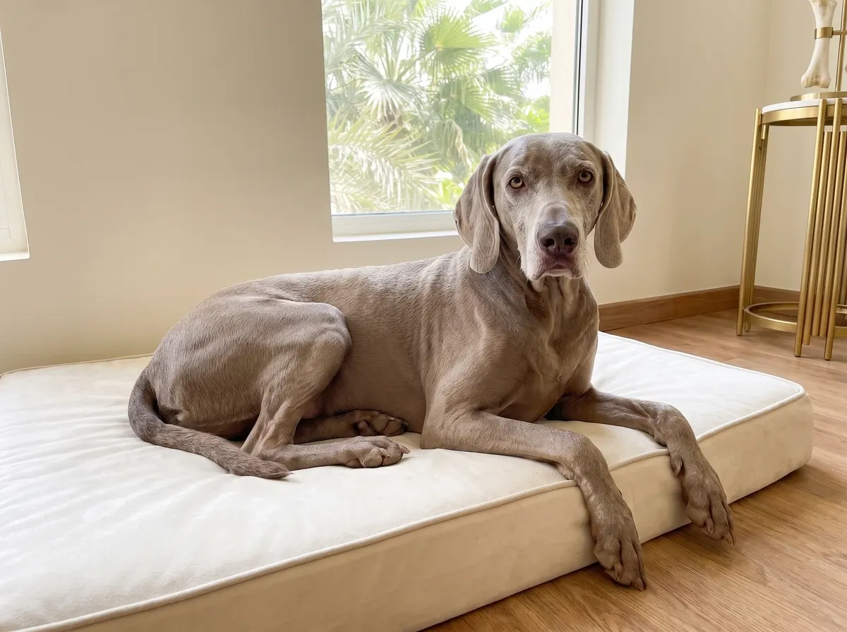 Weimaraner in Dubai, an older dog with a frosted muzzle resting on a cream orthopaedic bed, palms outside